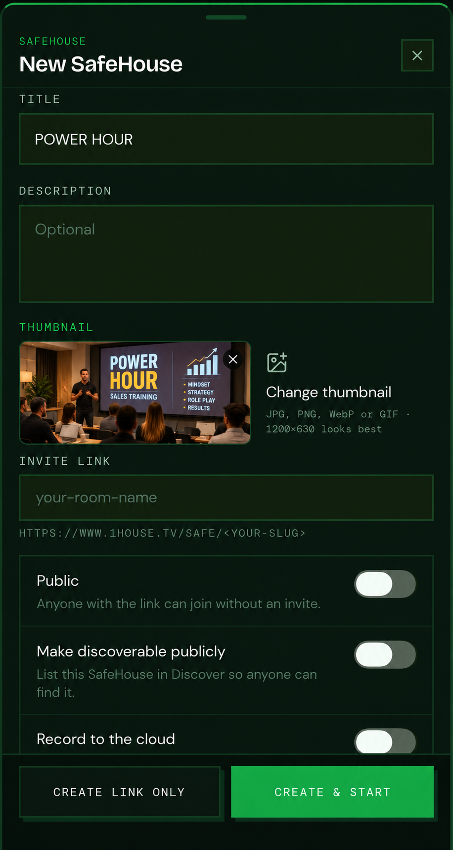 SafeHouse room creation screen with title, description, thumbnail, invite link, and privacy settings